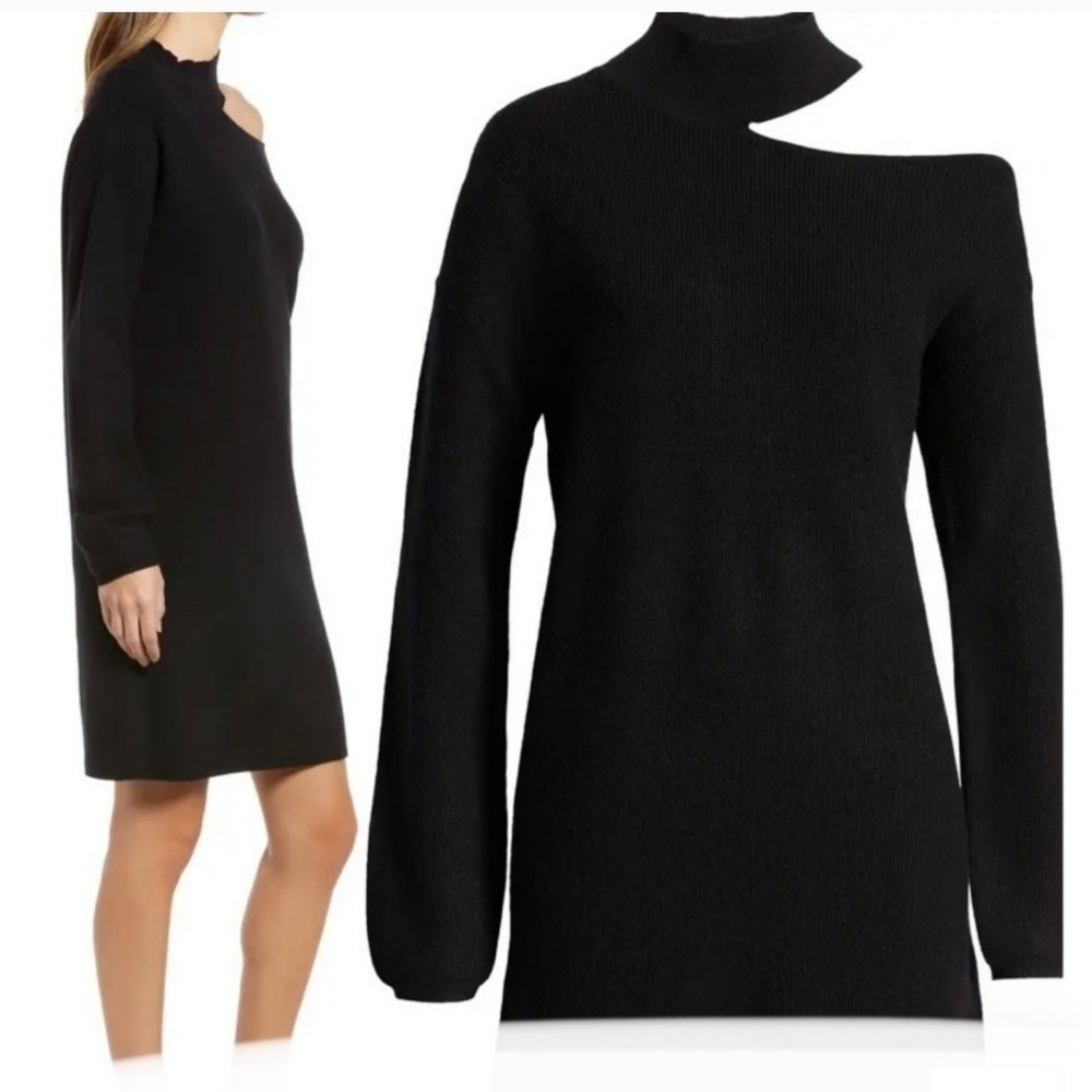 Halogen Choker Cut Out Asymetrical Black Long Sleeve Knit Sweater Dress